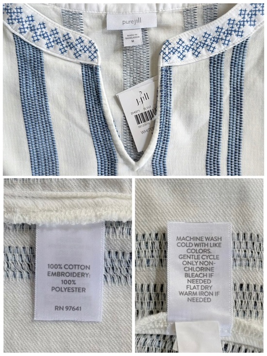J JILL NWT M Pure Jill Embroidered Striped Top Cotton Blouse White Blue Yonder - Picture 6 of 14